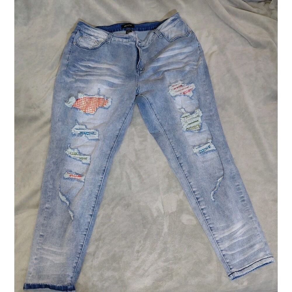 VTG Ashley Stewart Jeans Womens 18 Blue Skinny Fit Distressed Patchwork Stretch
